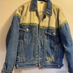 Vintage Denim and Beige Jacket with Green Accents